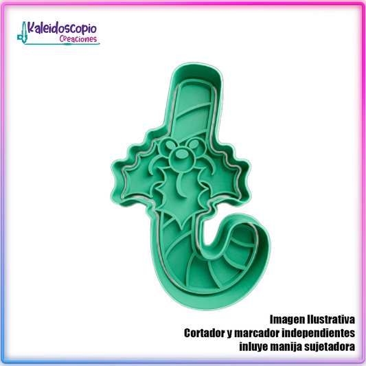 Baston de Dulce con Muerdago de Navidad - Cortador de Galletas y Fondant