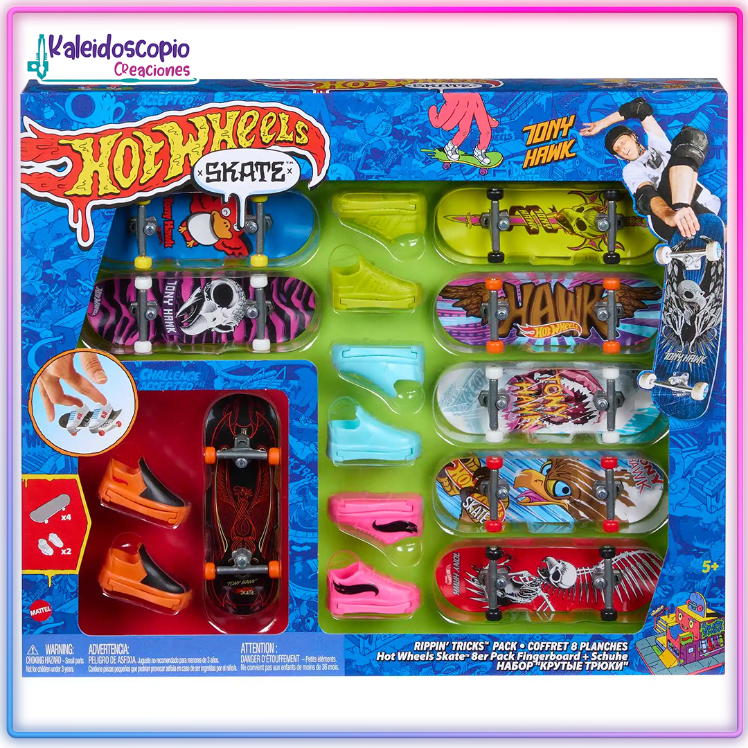 Hot Wheels Skate Vehículo de Juguete Paquete de 8 Fingerboards con Tenis con temática de Tony Hawk